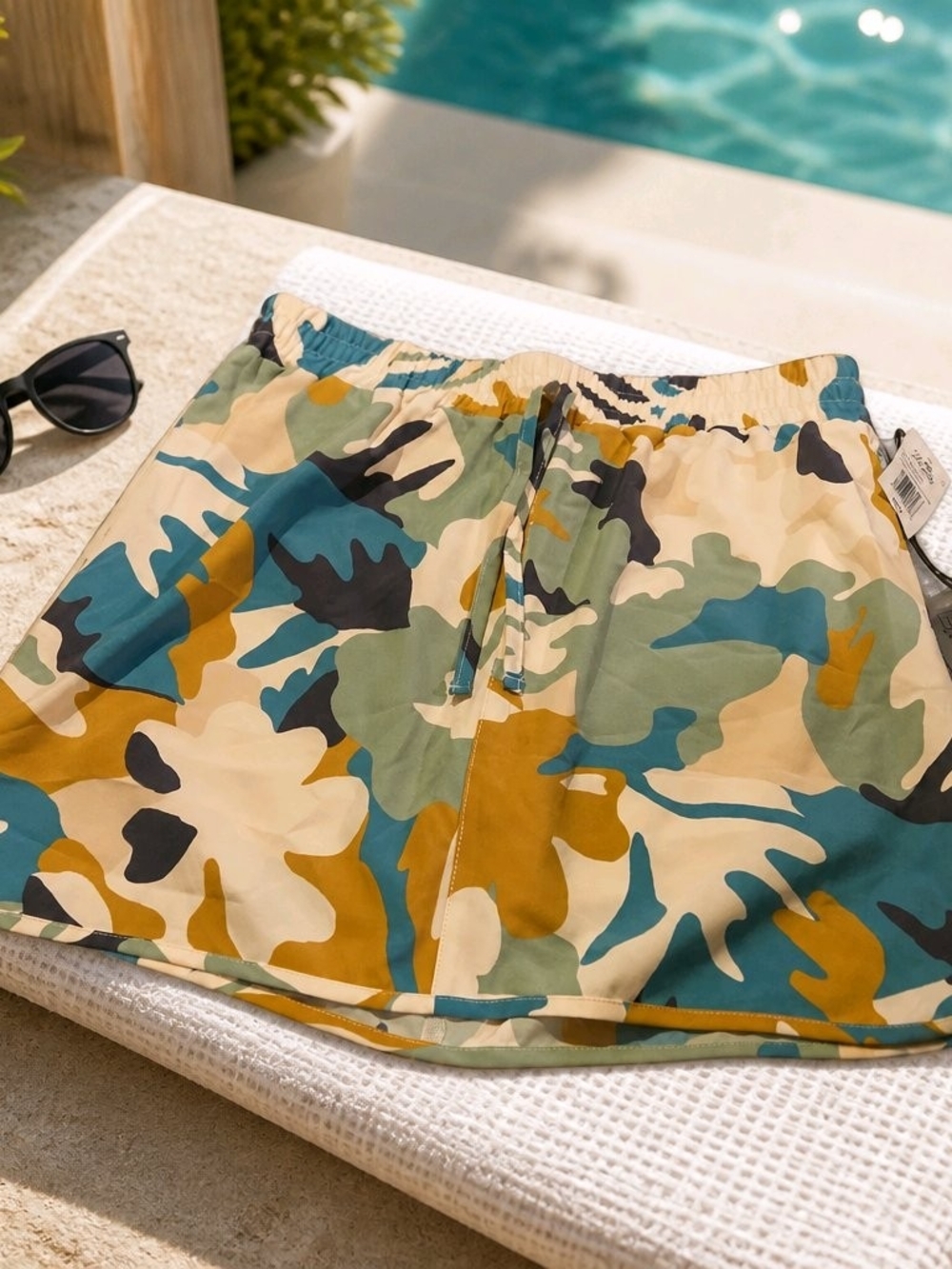 Women’s Drawstring Camouflage Swim Shorts in Teal & Mustard